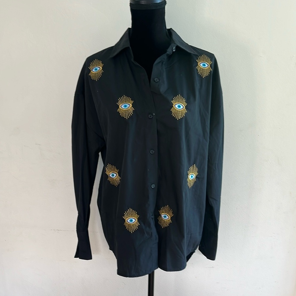 Black Button-Down Shirt with Gold & Blue Eye Embroidery